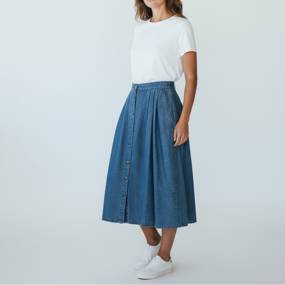 Vintage Northern Reflections Button Front Flared Denim Midi Skirt | Size 9/10 - Picture 2 of 10